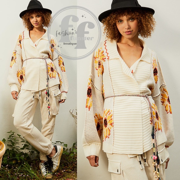 POL Golden Sunflower Floral Belted Cardi Coat Tie Cardigan Sweater Jacket Belt - Picture 2 of 7